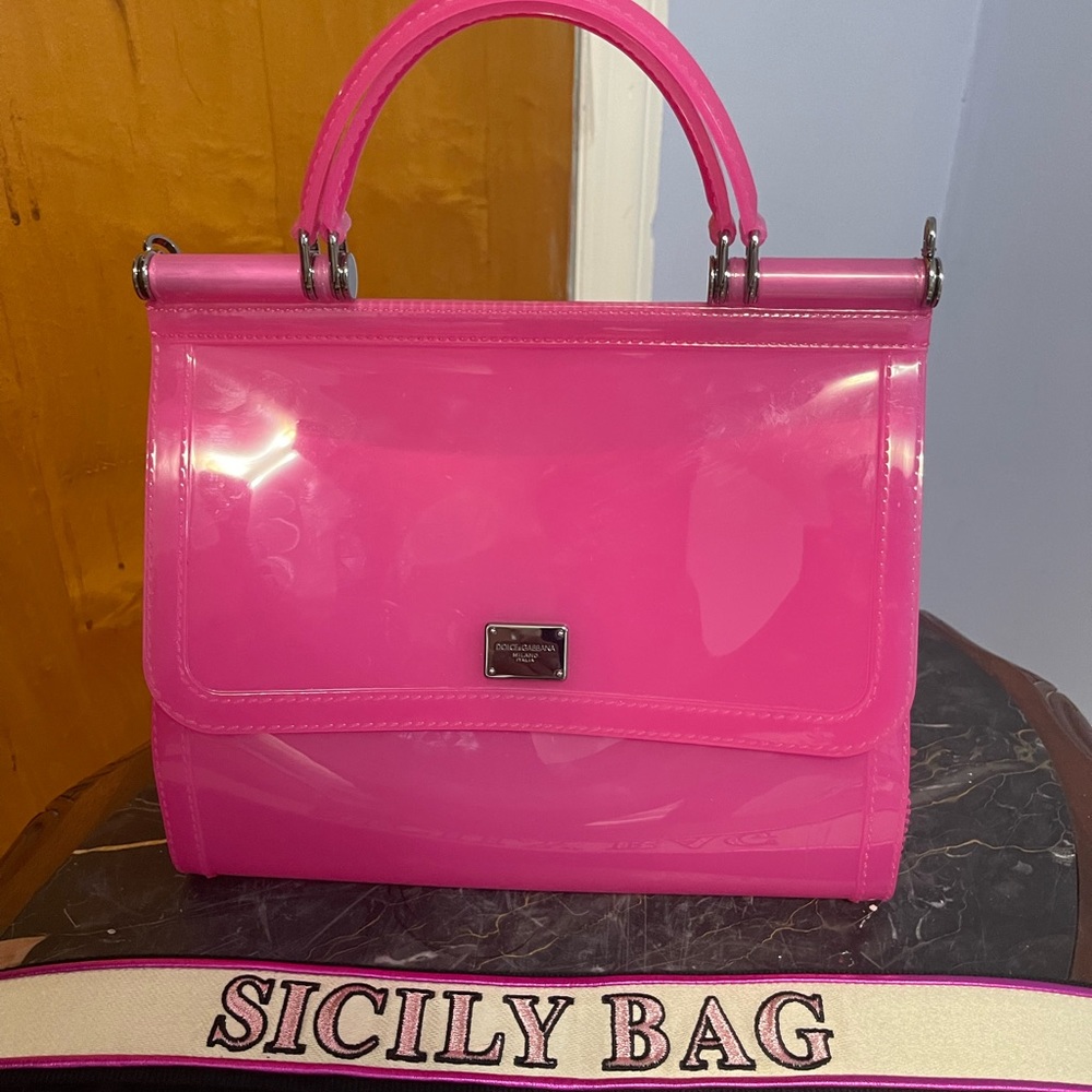 Dolce and Gabbana pink PVC top handle Sicily Bag. Detachable embroidered handle.